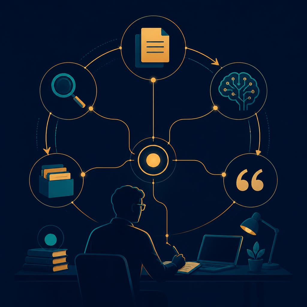 Researcher connected to an AI-assisted research workflow of search, reading, organizing and citation