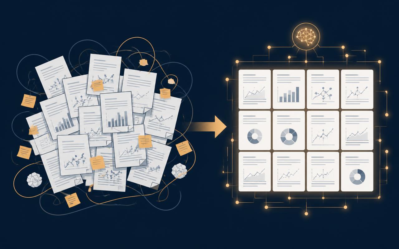 Scattered research papers reorganized into a structured, AI-assisted grid